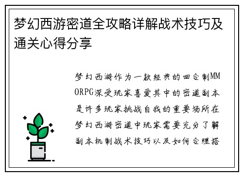 梦幻西游密道全攻略详解战术技巧及通关心得分享